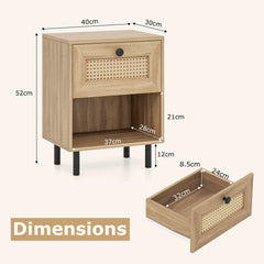 Rattan Nightstand with Drawer and Open Storage Shelf for Living Room Set of 2-Natural