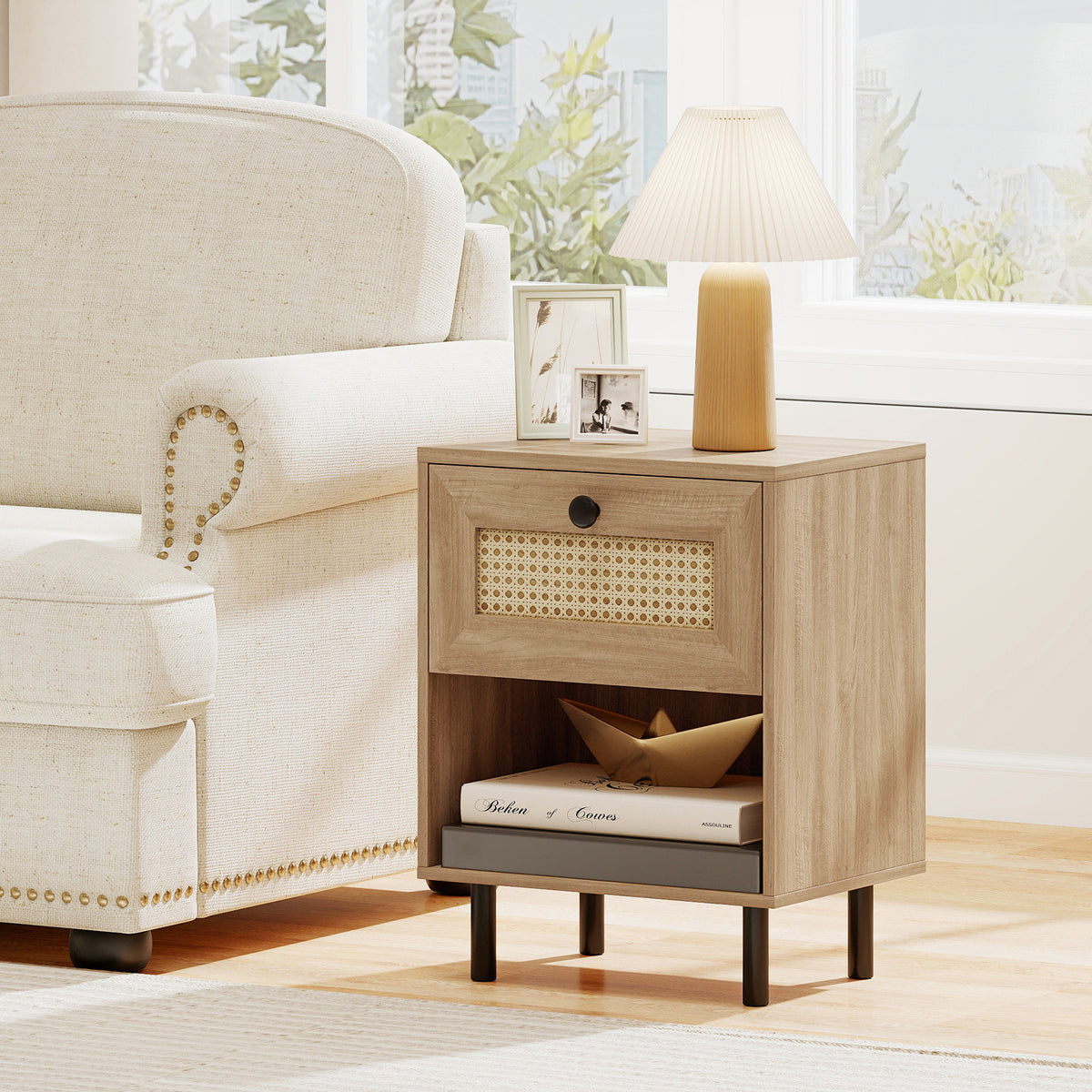 Rattan Nightstand with Drawer and Open Storage Shelf for Living Room Set of 2-Natural