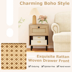 Rattan Nightstand with Drawer and Open Storage Shelf for Living Room Set of 2-Natural