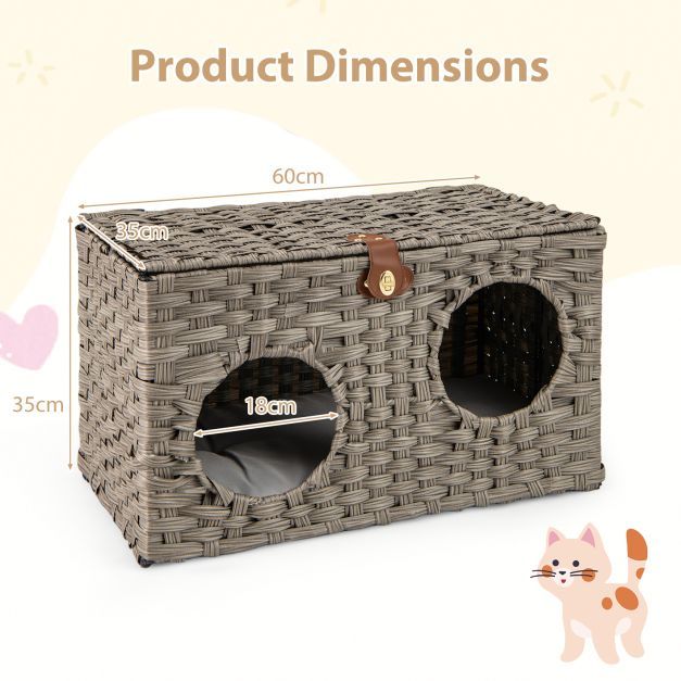 Dimensions of the rattan cat house showing width, height and entrance hole size