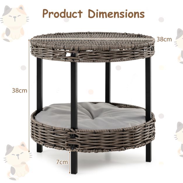 Dimensions of the rattan pet furniture set showing height and cushion depth