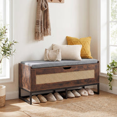 Rattan Storage Chest Wicker Shoe Bench with Padded Seat-Rustic Brown
