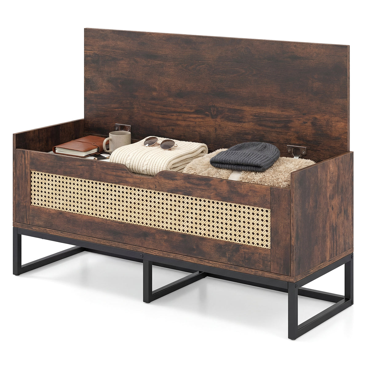 Rattan Storage Chest Wicker Shoe Bench with Padded Seat-Rustic Brown