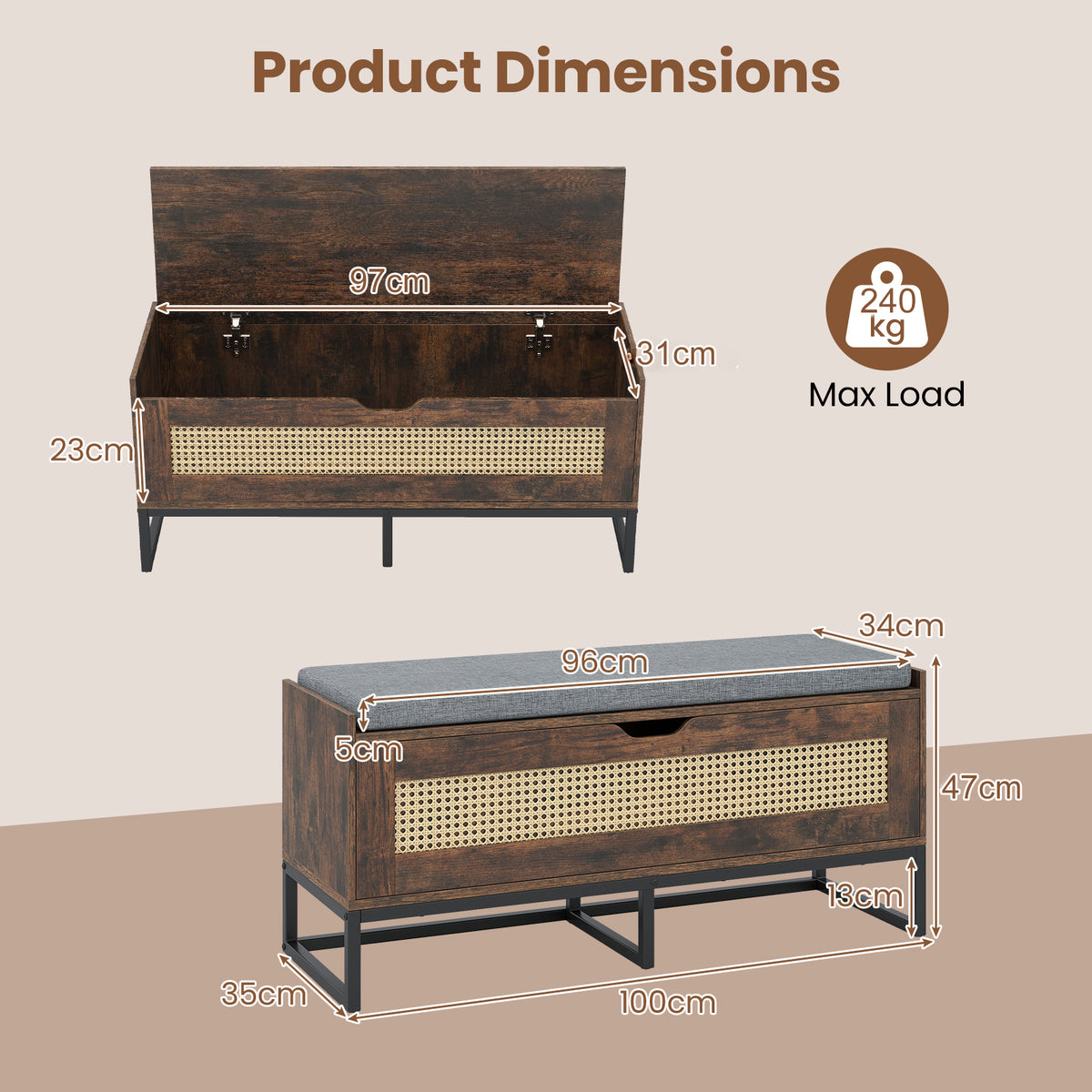 Rattan Storage Chest Wicker Shoe Bench with Padded Seat-Rustic Brown