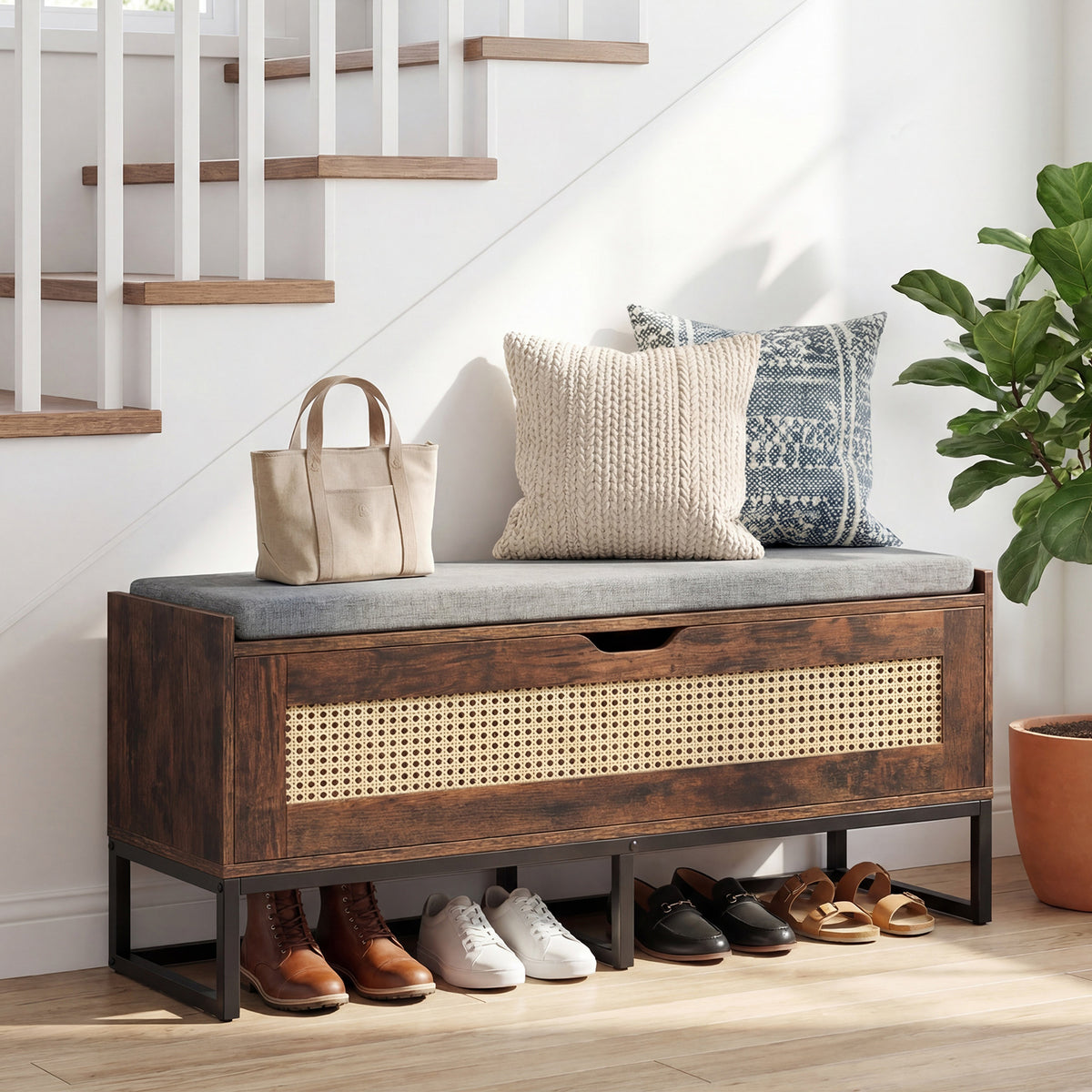 Rattan Storage Chest Wicker Shoe Bench with Padded Seat-Rustic Brown