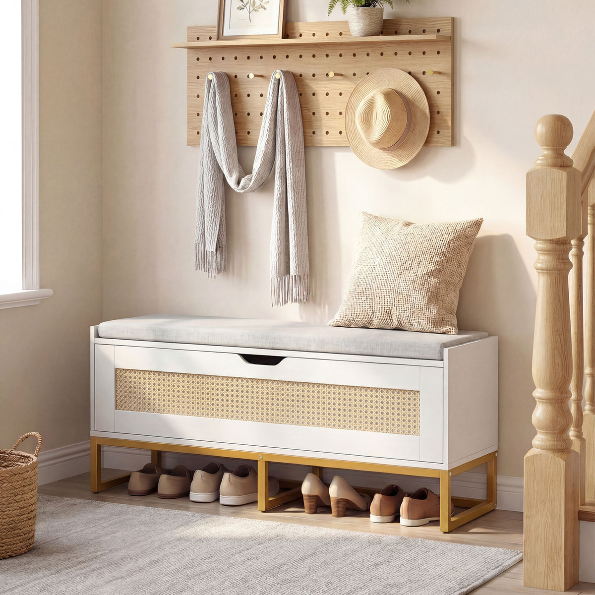 Rattan Storage Chest Wicker Shoe Bench with Padded Seat-White