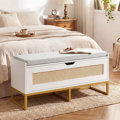 Rattan Storage Chest Wicker Shoe Bench with Padded Seat-White