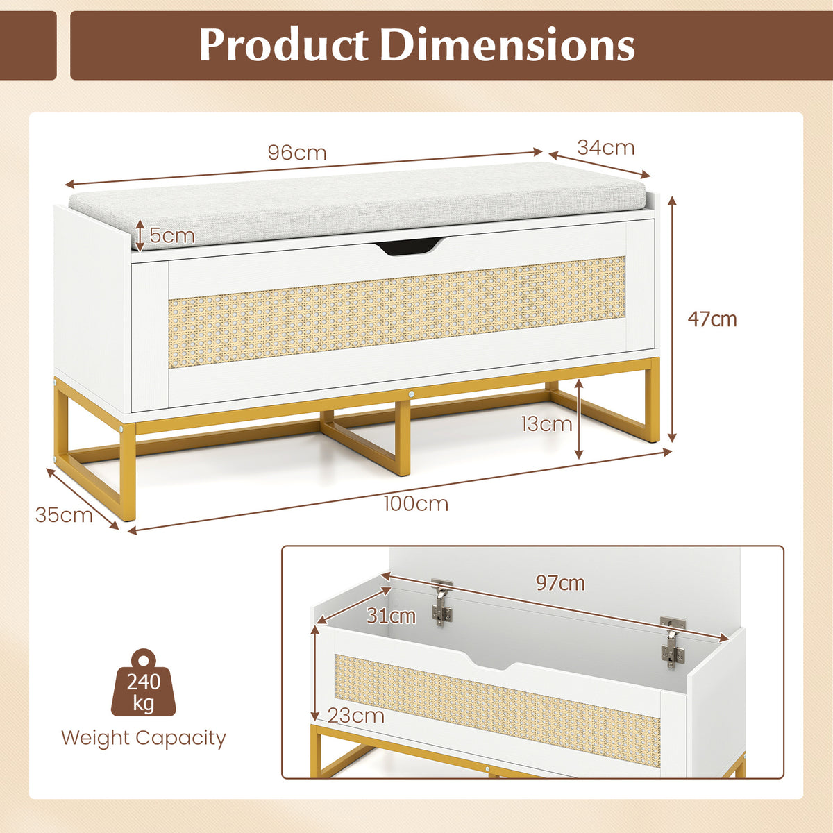 Rattan Storage Chest Wicker Shoe Bench with Padded Seat-White