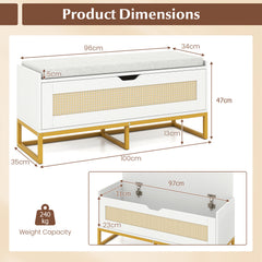 Rattan Storage Chest Wicker Shoe Bench with Padded Seat-White