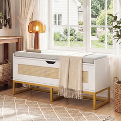 Rattan Storage Chest Wicker Shoe Bench with Padded Seat-White