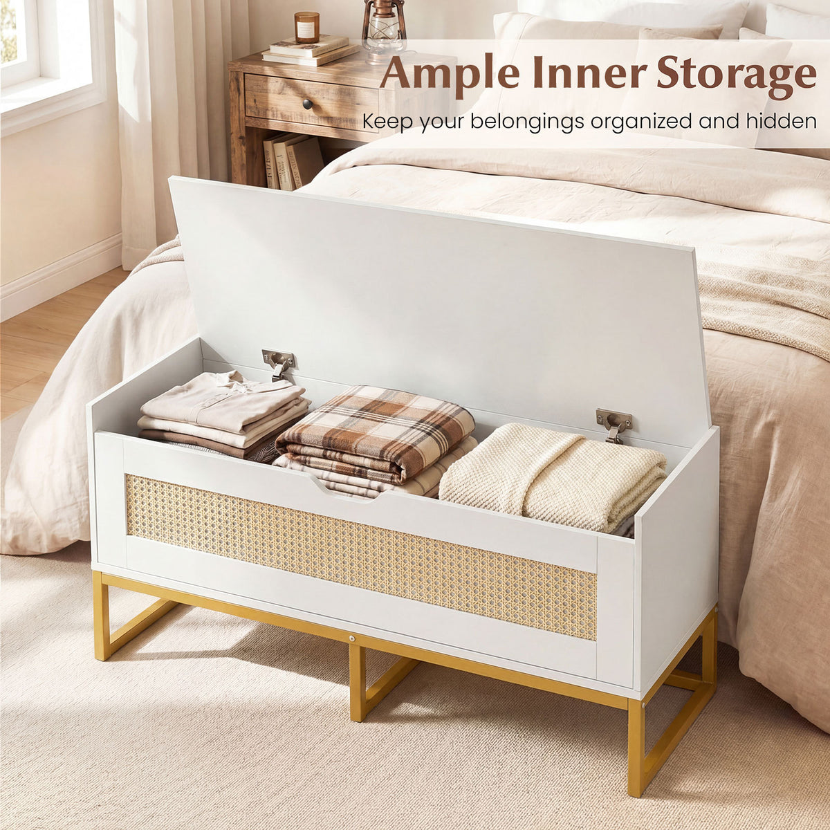 Rattan Storage Chest Wicker Shoe Bench with Padded Seat-White