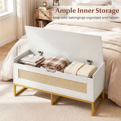 Rattan Storage Chest Wicker Shoe Bench with Padded Seat-White