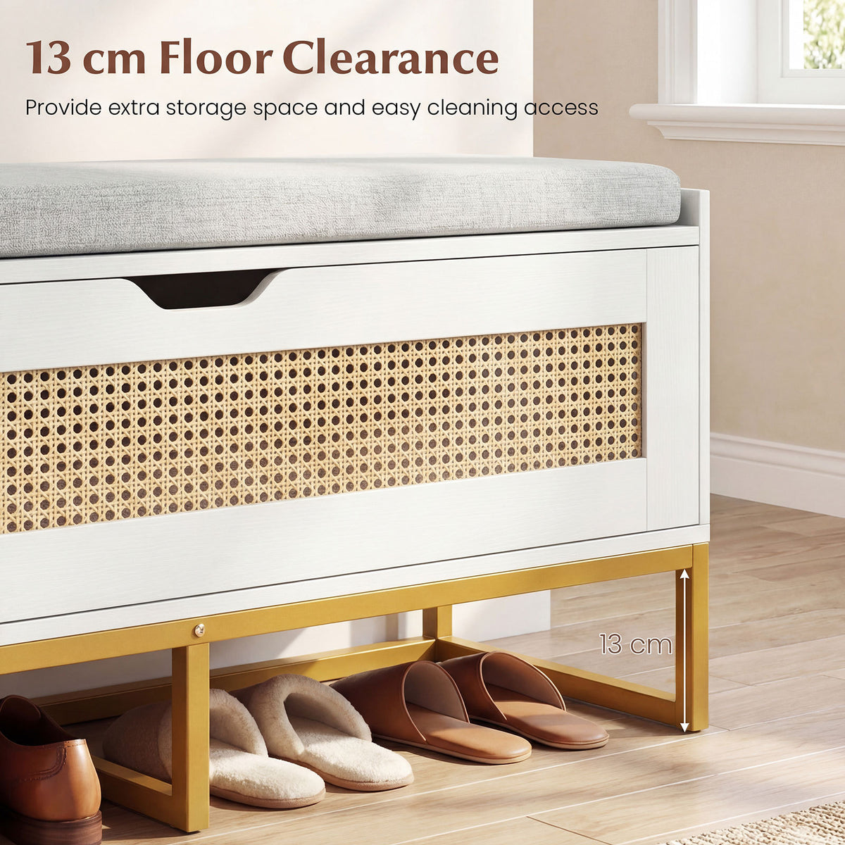 Rattan Storage Chest Wicker Shoe Bench with Padded Seat-White
