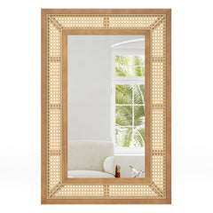 Rattan Wall Mirror Bohemian Rectangular Decorative Mirror with Wooden Frame-Natural