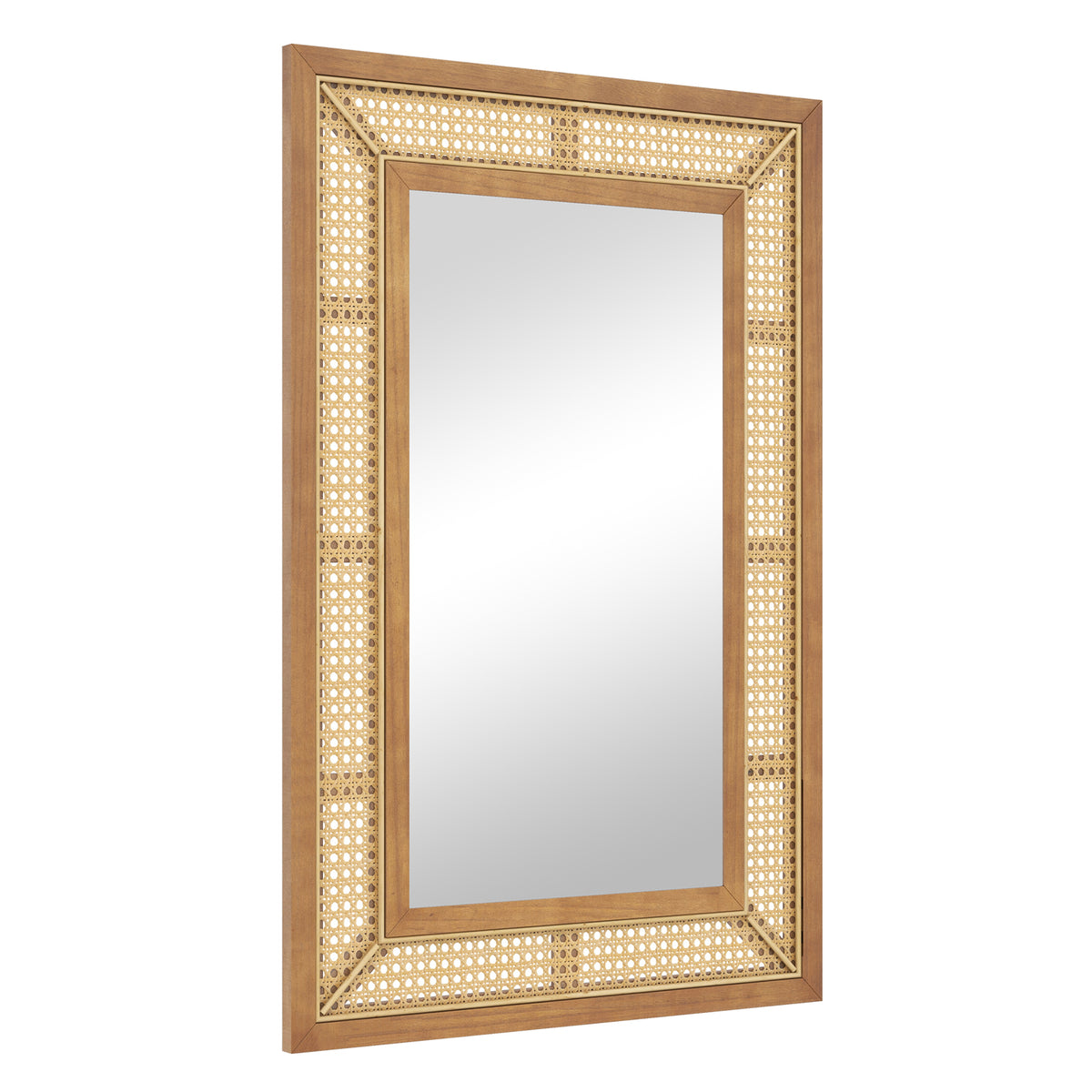 Rattan Wall Mirror Bohemian Rectangular Decorative Mirror with Wooden Frame-Natural