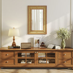 Rattan Wall Mirror Bohemian Rectangular Decorative Mirror with Wooden Frame-Natural