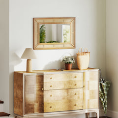 Rattan Wall Mirror Bohemian Rectangular Decorative Mirror with Wooden Frame-Natural