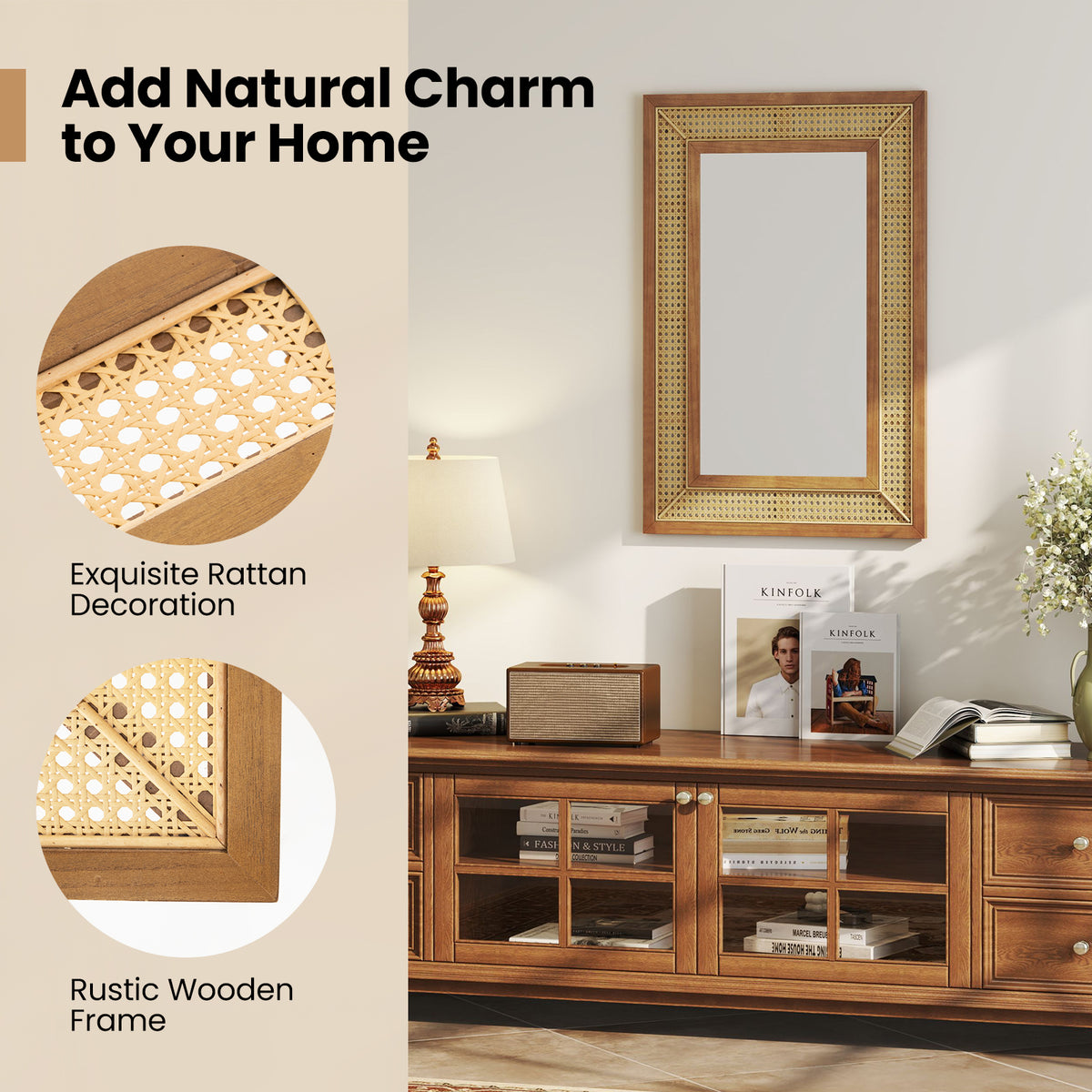 Rattan Wall Mirror Bohemian Rectangular Decorative Mirror with Wooden Frame-Natural