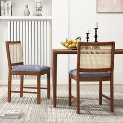 Rattan Dining Chair Set of 2 with Rubber Wood Frame and Linen Fabric Padded-Walnut