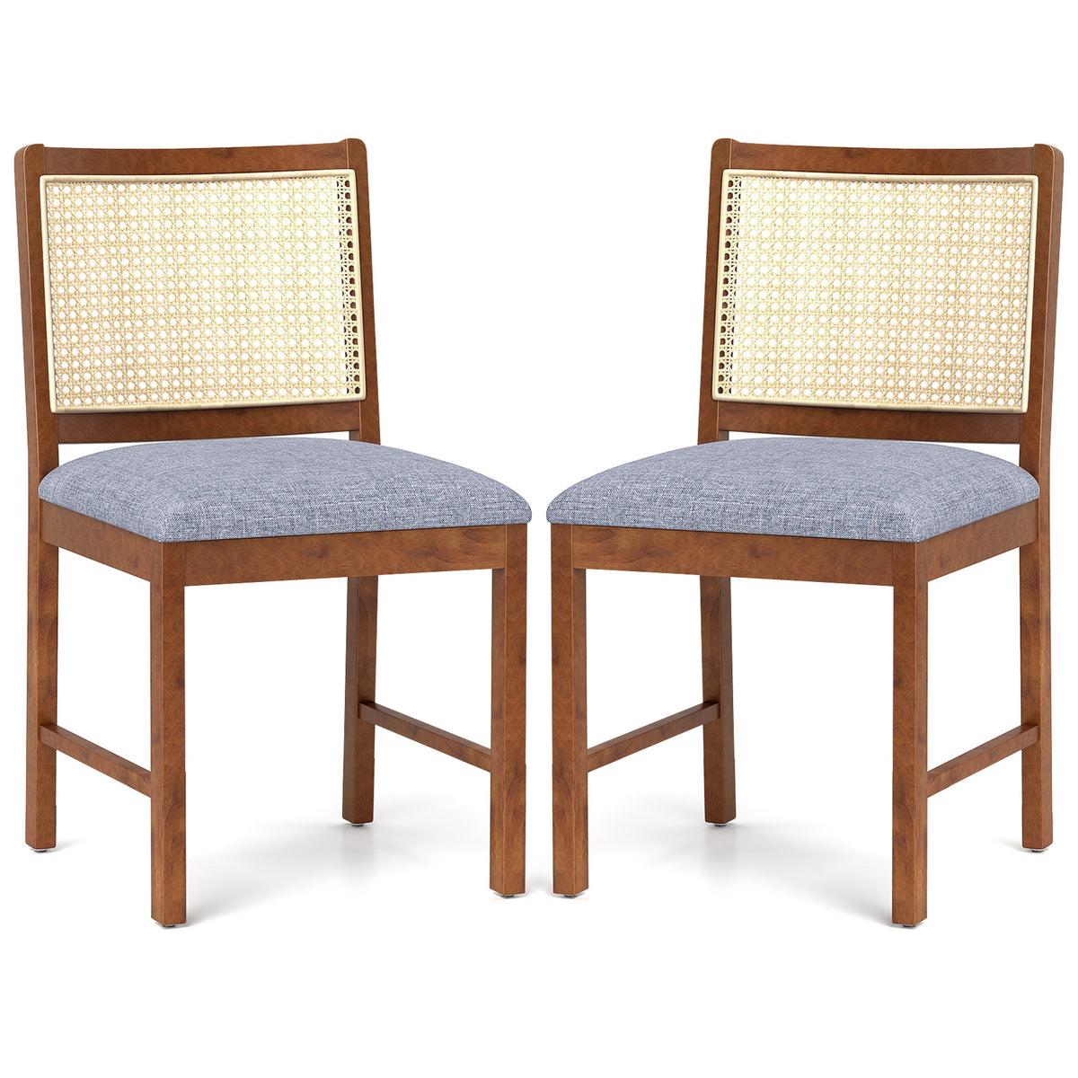 Rattan Dining Chair Set of 2 with Rubber Wood Frame and Linen Fabric Padded-Walnut