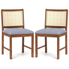 Rattan Dining Chair Set of 2 with Rubber Wood Frame and Linen Fabric Padded-Walnut