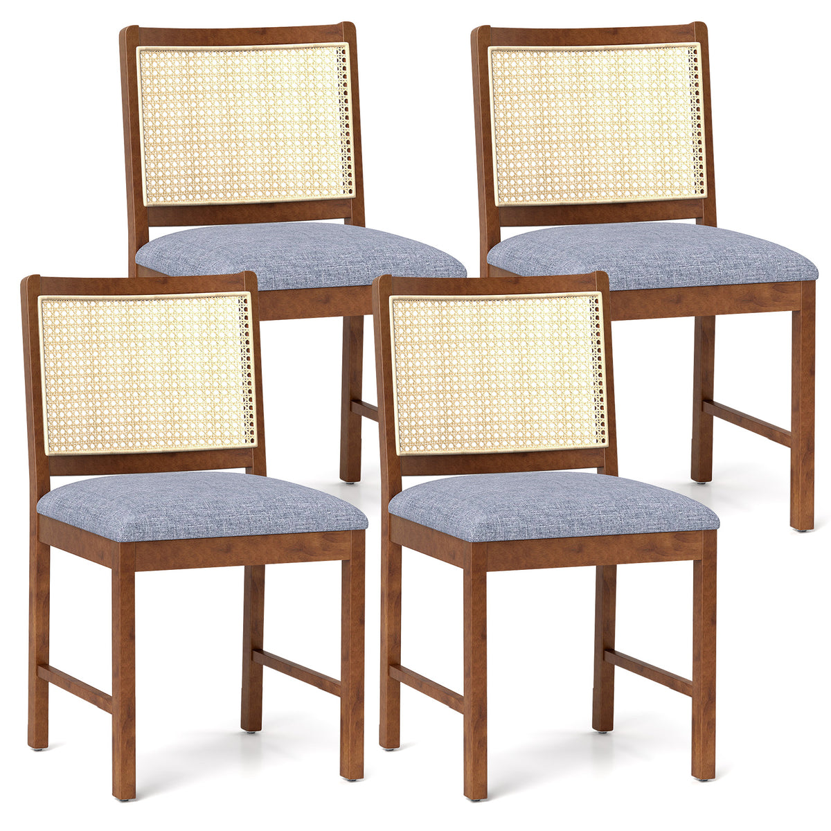 Rattan Dining Chair Set of 2 with Rubber Wood Frame and Linen Fabric Padded-Walnut