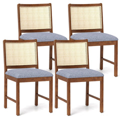Rattan Dining Chair Set of 2 with Rubber Wood Frame and Linen Fabric Padded-Walnut