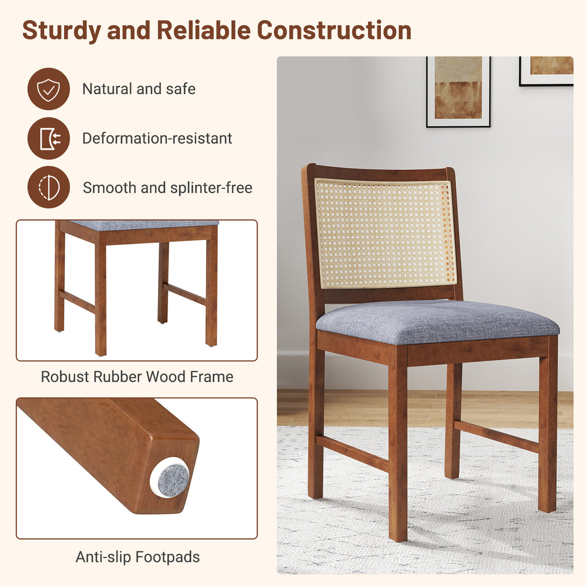 Rattan Dining Chair Set of 2 with Rubber Wood Frame and Linen Fabric Padded-Walnut