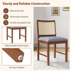 Rattan Dining Chair Set of 2 with Rubber Wood Frame and Linen Fabric Padded-Walnut