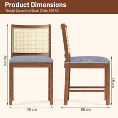 Rattan Dining Chair Set of 2 with Rubber Wood Frame and Linen Fabric Padded-Walnut