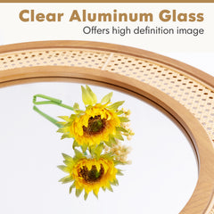 Rattan Round Wall Mirror with Aluminum Glass and Metal Hook -Natural