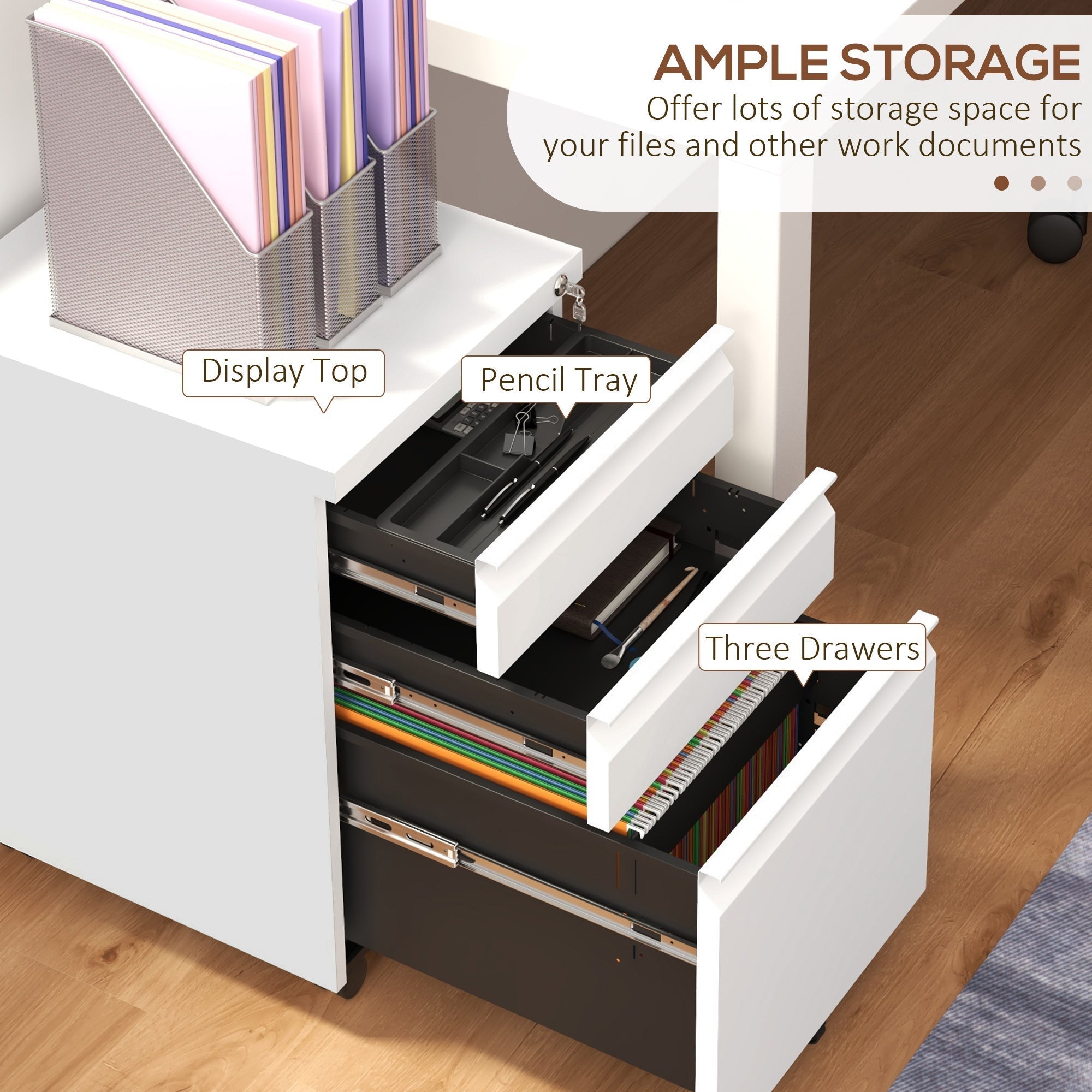 Vinsetto 3-Drawer Filing Cabinet with Lock, Mobile Steel File Cabinet for A4, Legal and Letter Size, Under Desk Drawers with Pre-Assembled Body for Home Office, 37 x 43.5 x 60 cm, White