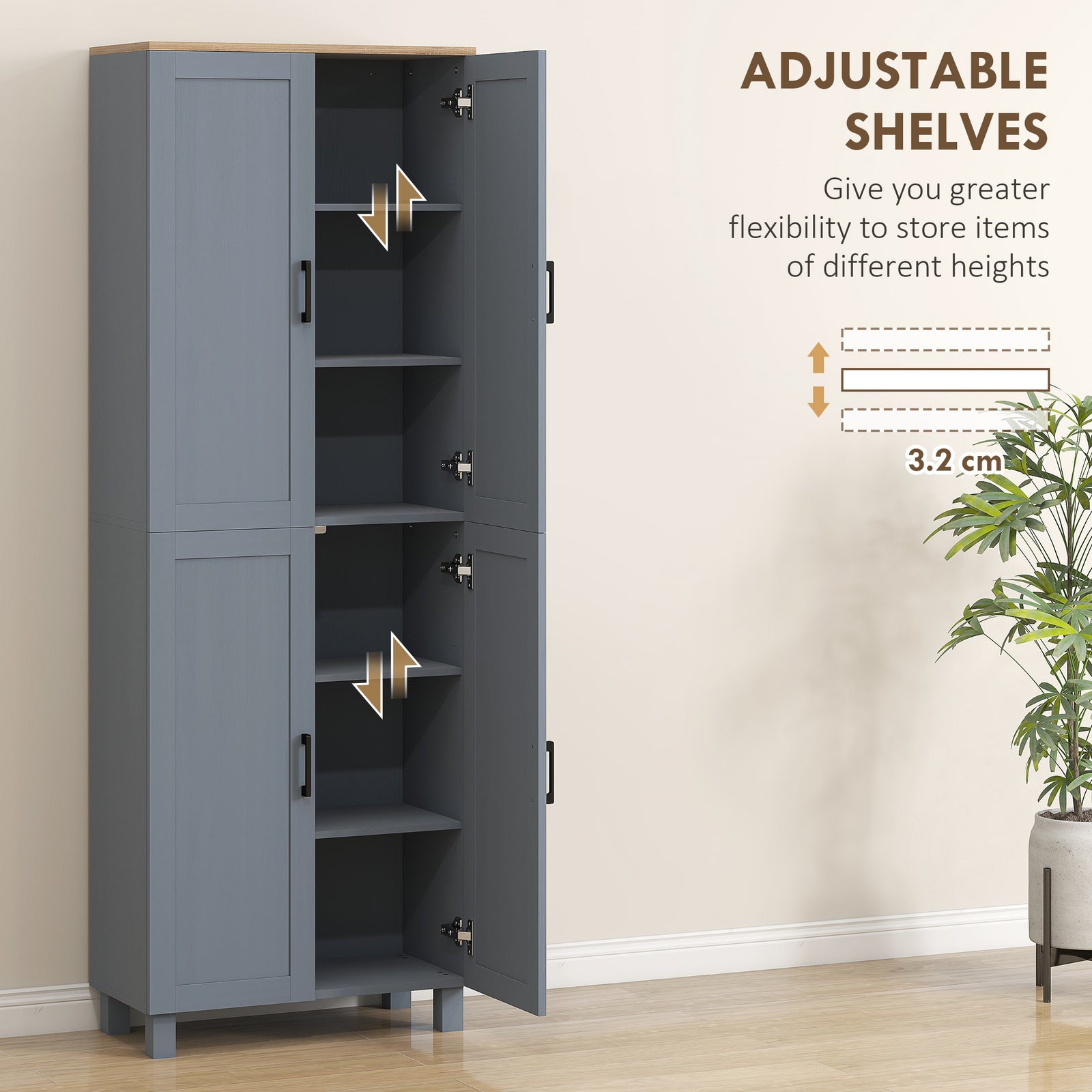 HOMCOM Freestanding Kitchen Cupboard, 4-Door Storage Cabinet with Adjustable Shelves, Modern Kitchen Pantry, 170cm, Grey