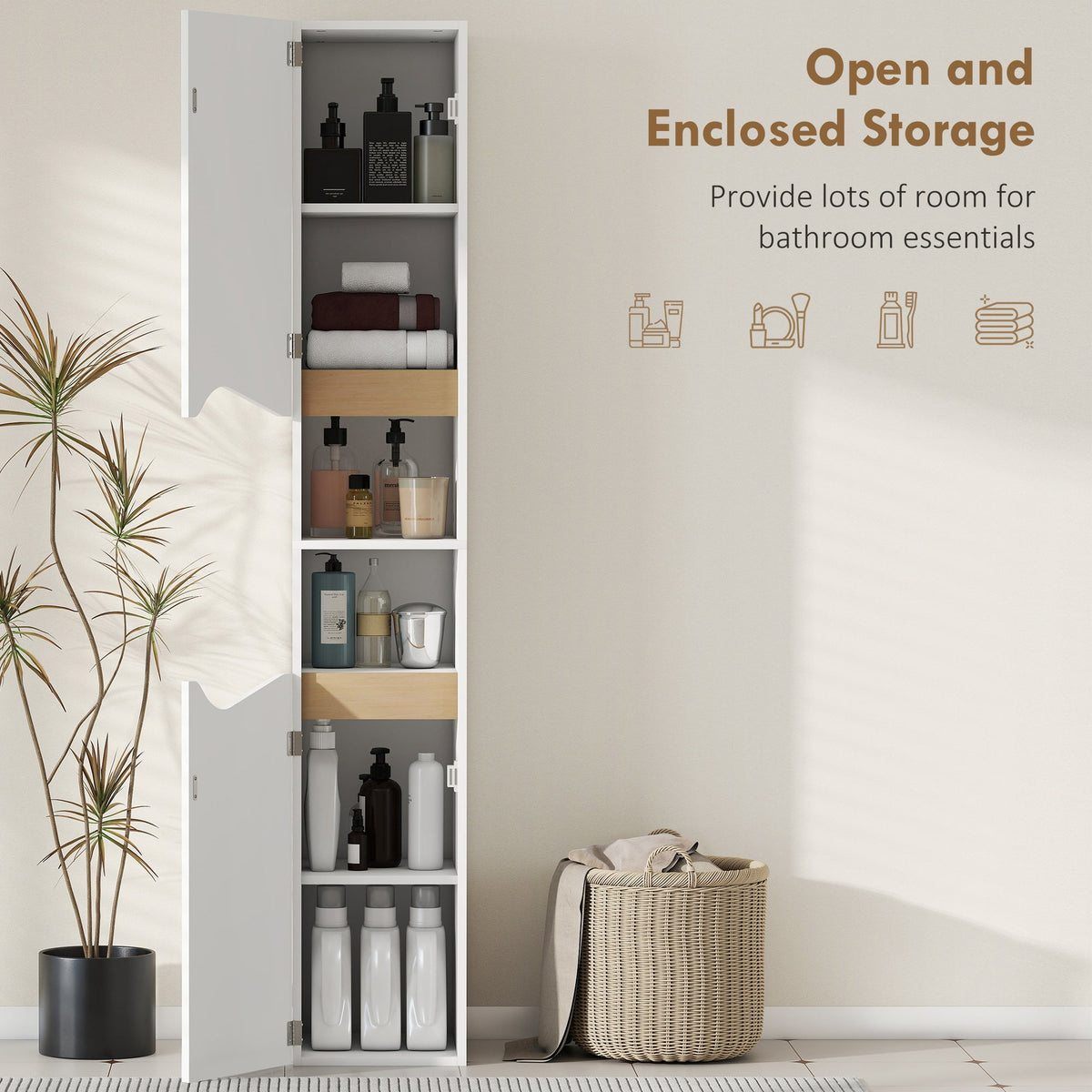 HOMCOM Tall Slim Bathroom Cabinet with 2 Doors, 2 Shelves - White