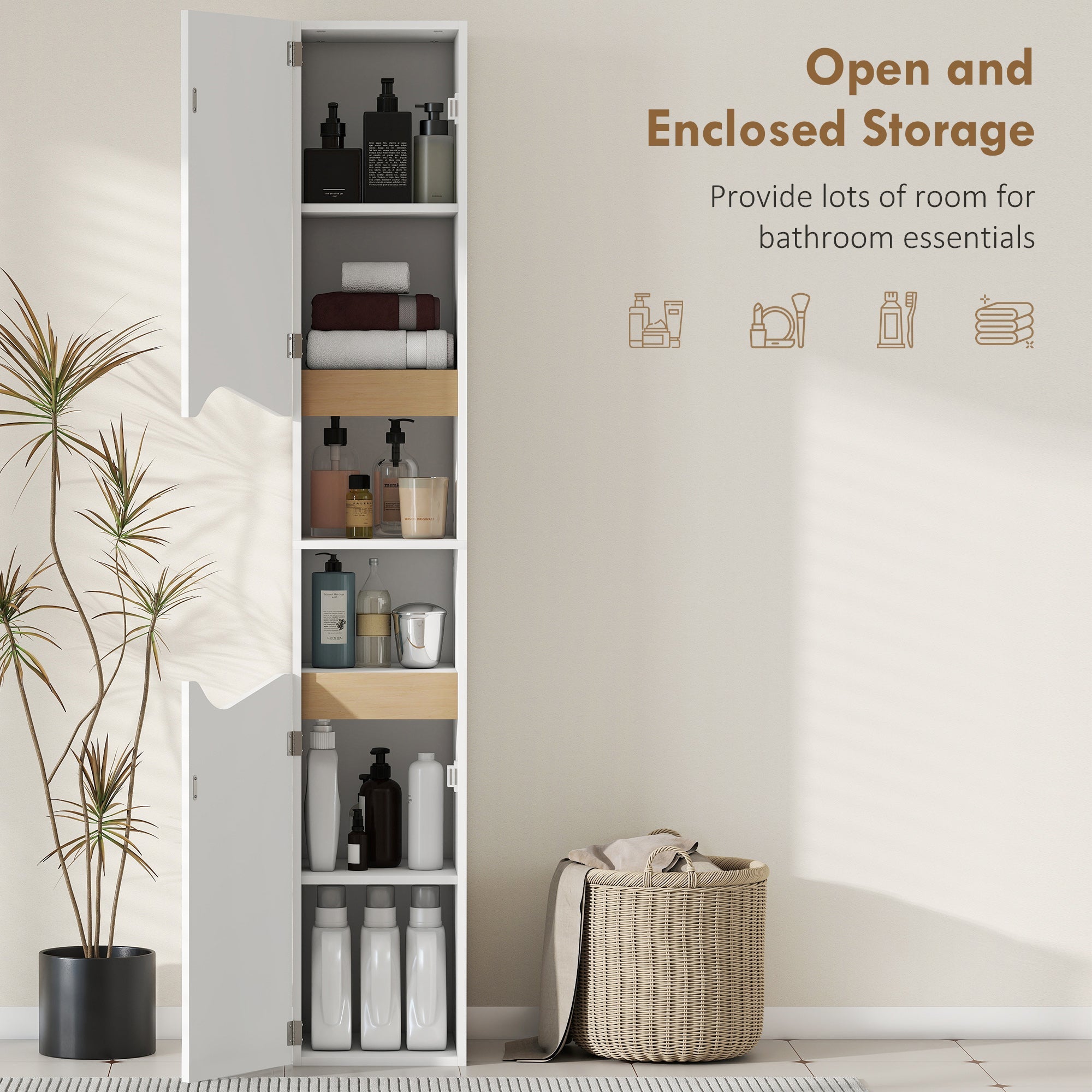 HOMCOM Tall Slim Bathroom Cabinet with 2 Doors, 2 Shelves - White