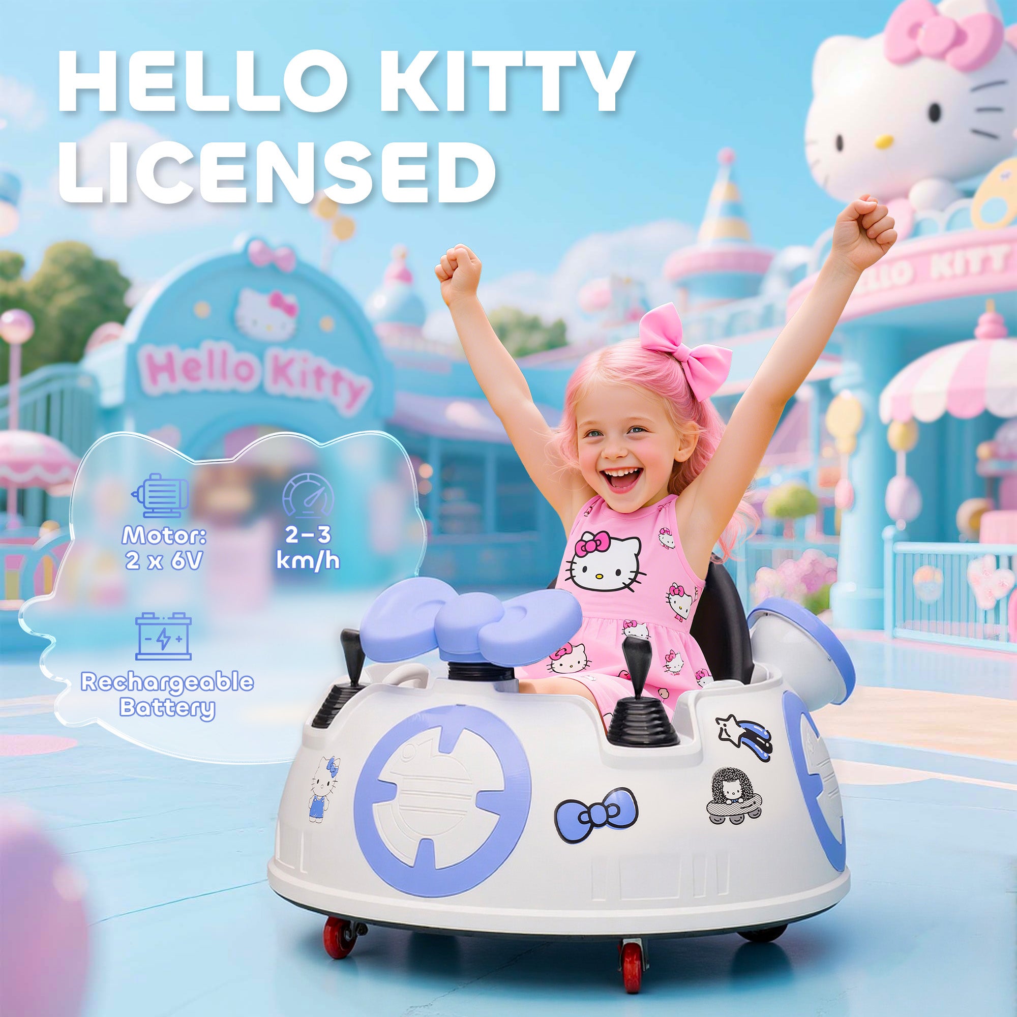 AIYAPLAY Hello Kitty Kids Ride on Bumper Car with Remote Control, Two Joysticks, Music, Lights, Safety Belt, White