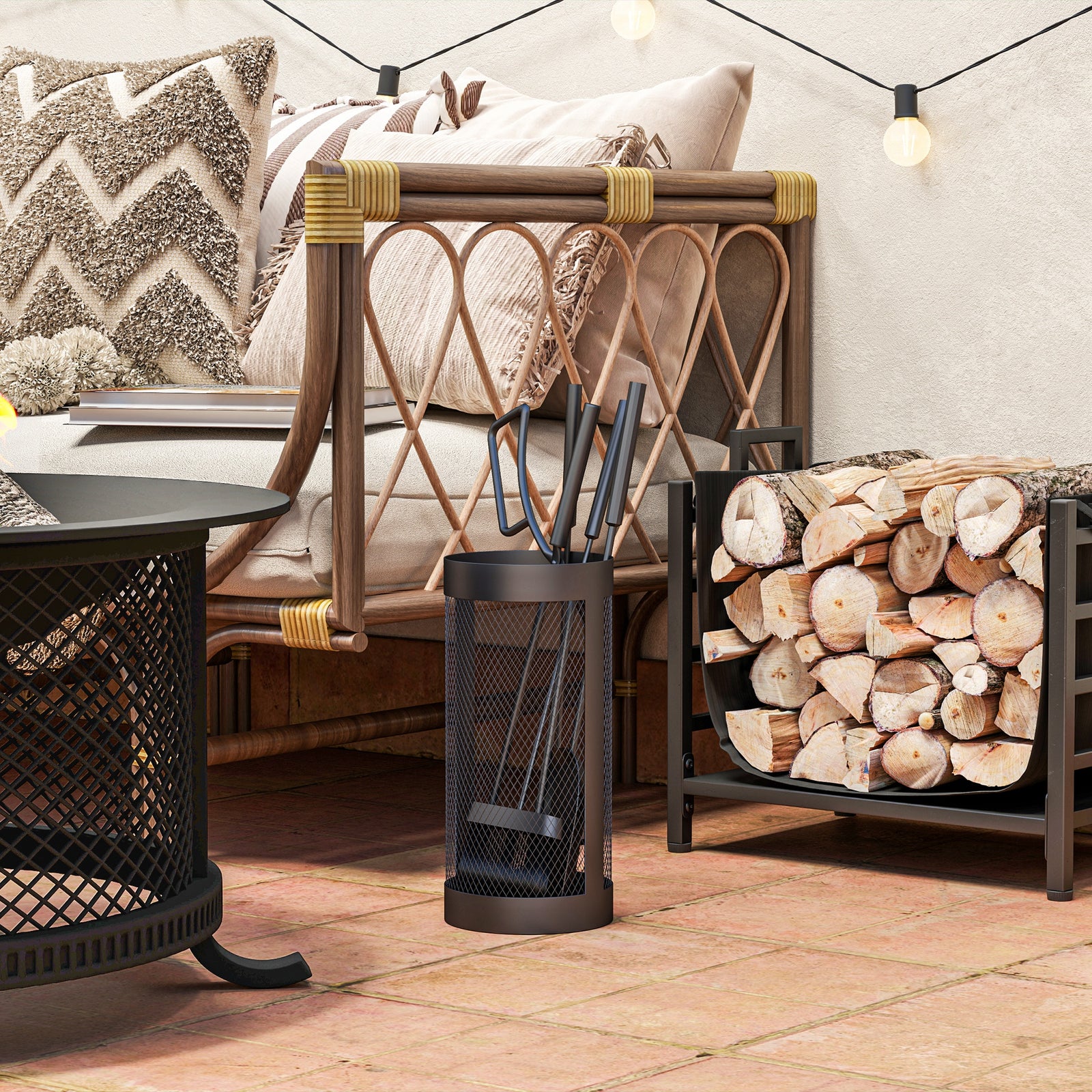 Outsunny 5-Piece Fireplace Tools Set with Mesh Basket, Indoor Outdoor Fireside Accessories for Fireplaces, Fire Pits, Black