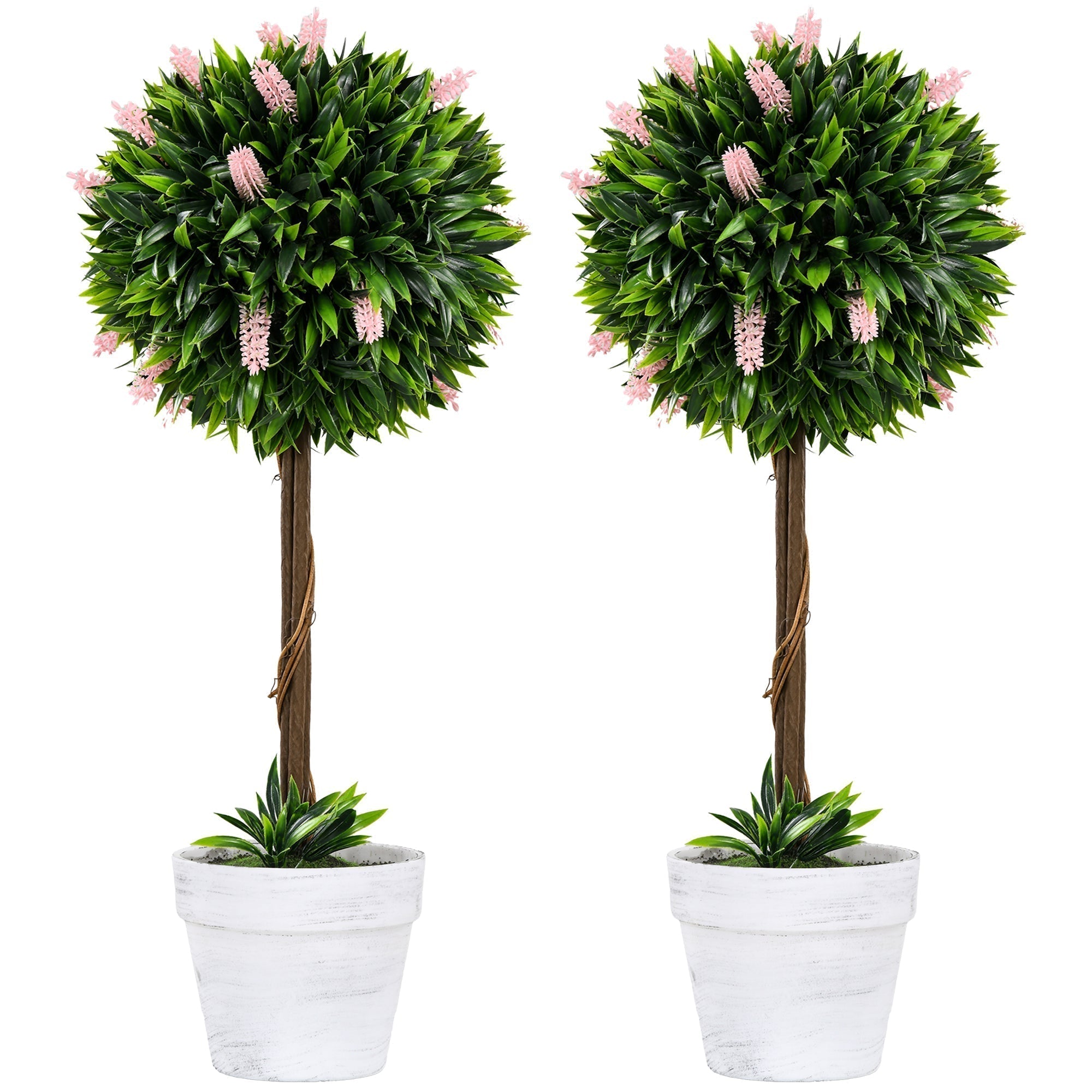 HOMCOM Set of 2 Decorative Artificial Plants Ball Trees with Flower for Home Indoor Outdoor Decor, 60cm,Pink