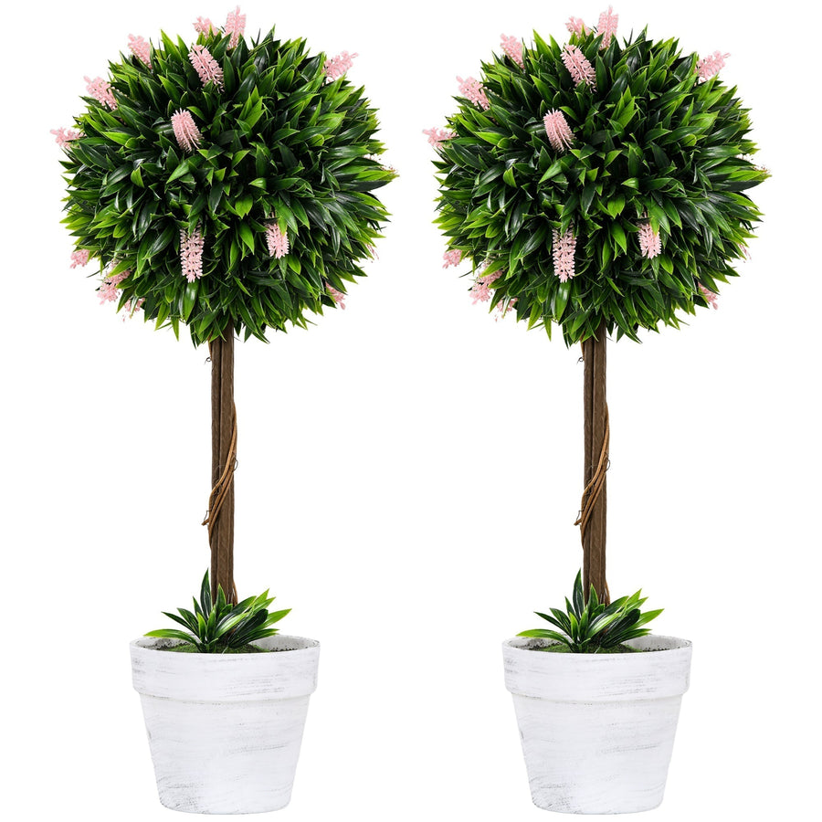 HOMCOM Set of 2 Decorative Artificial Plants Ball Trees with Flower for Home Indoor Outdoor Decor, 60cm,Pink