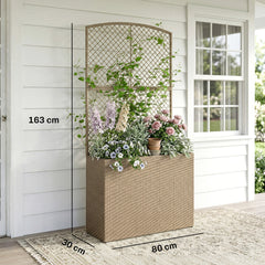 Outsunny Rattan Planter with Trellis, Raised Beds for Garden with Liner for Climbing Plants Vegetables Flowers, Light Grey