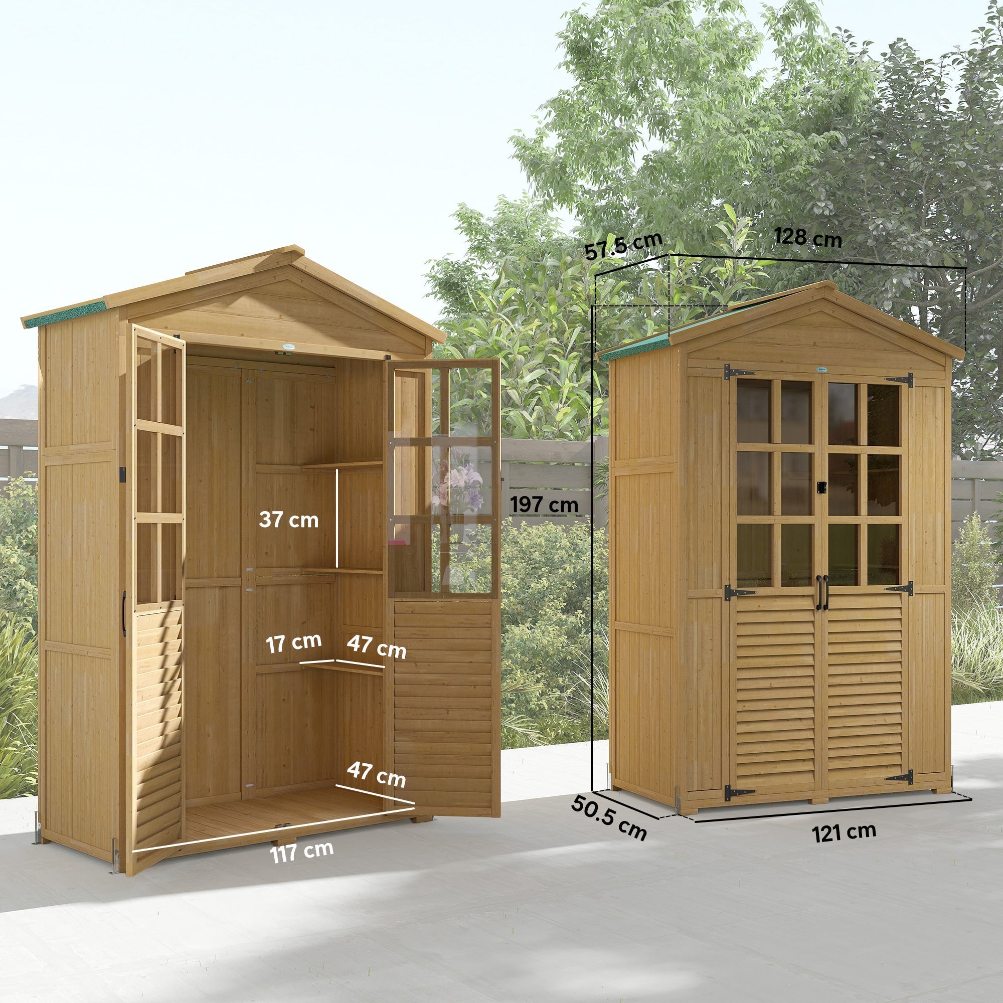 Outsunny Outdoor Wooden Storage Cabinet, Garden Tool Shed with Acrylic Windows for Patio, Light Brown