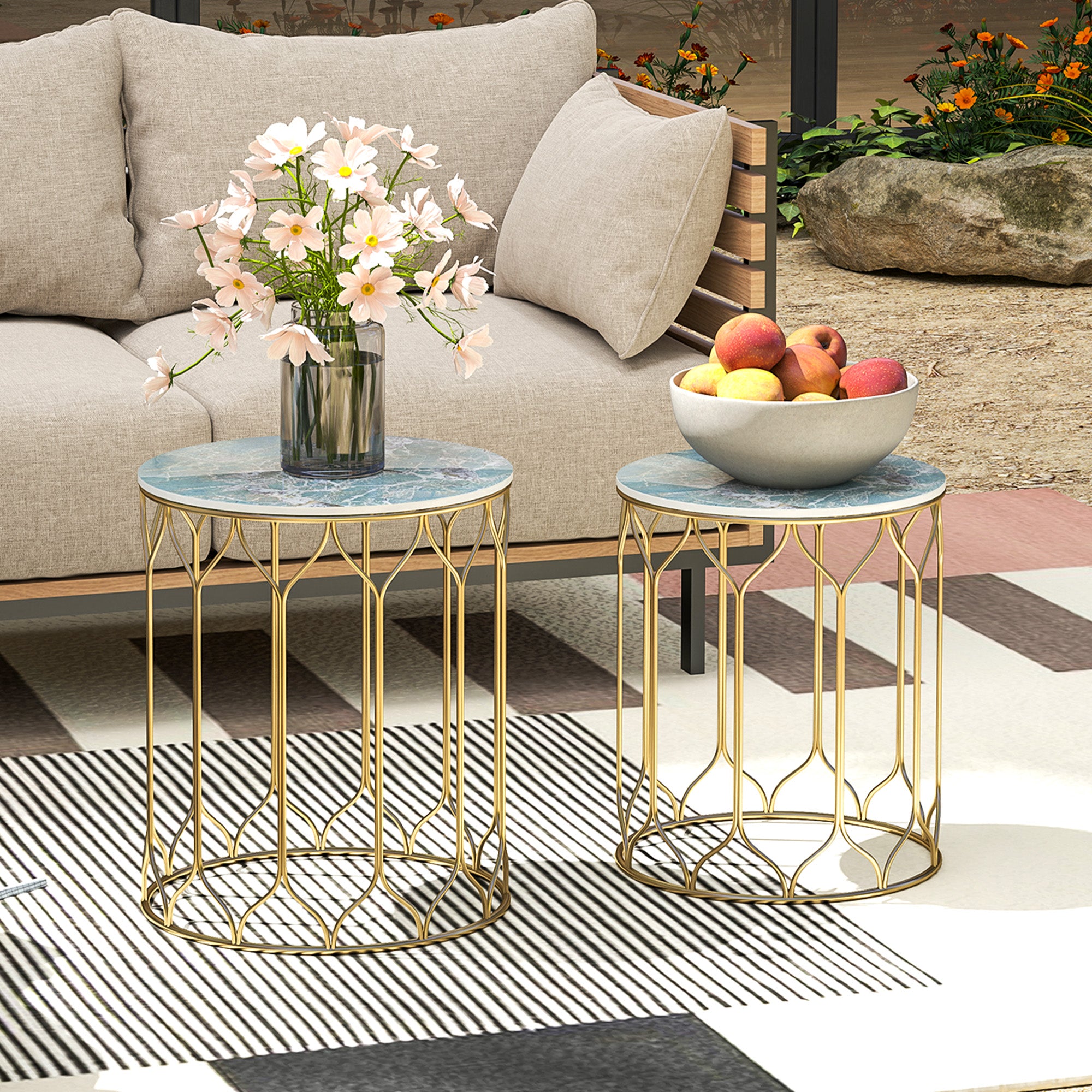 Outsunny Round Coffee Table Set of 2, Modern Nesting Tables with Ceramic Tile Top, Small End Tables, Indoor Outdoor Side Table with Metal Frame for Living Room, Bedroom, Patio, Balcony, Multicoloured