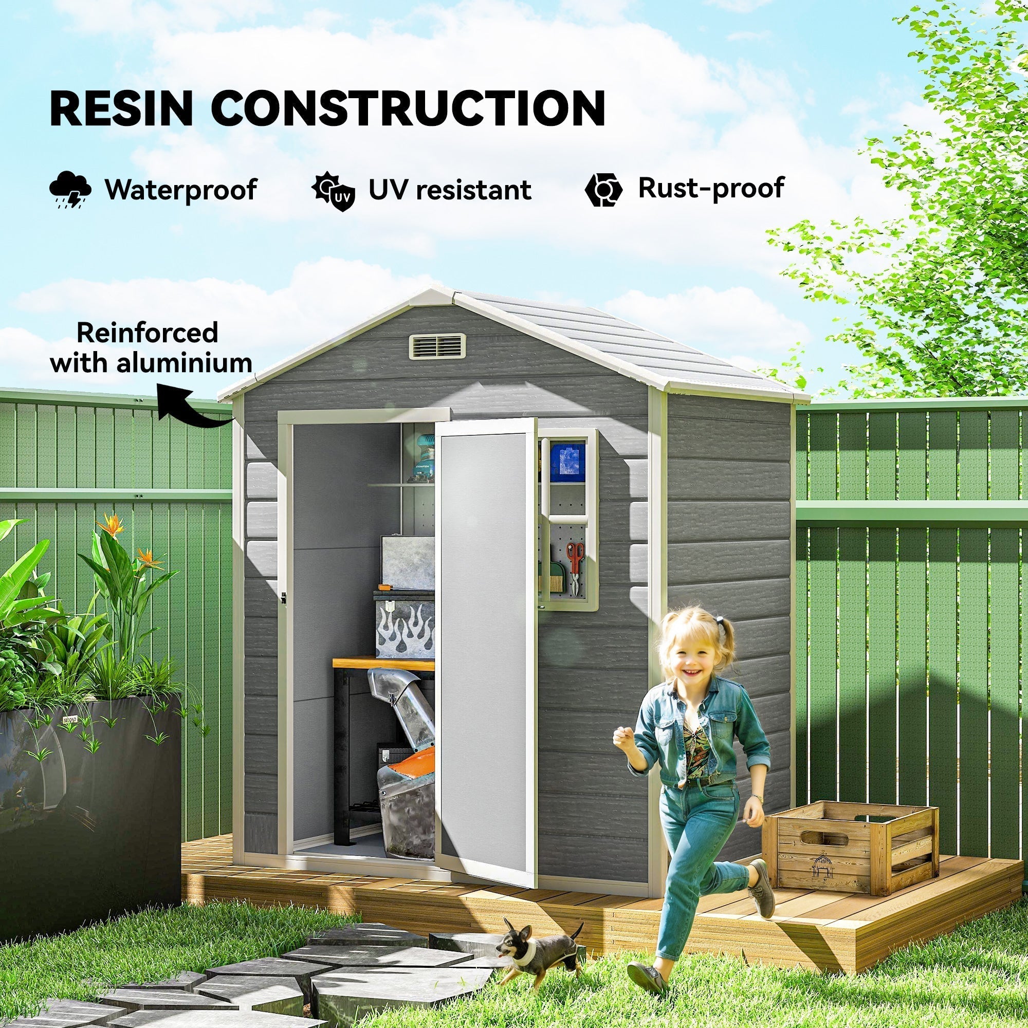 Outsunny 6 x 4ft Garden Shed, Plastic Shed with Floor, Window, Lockable Door and Vents, Wood Effect Resin Tool Shed for Outdoor, Grey