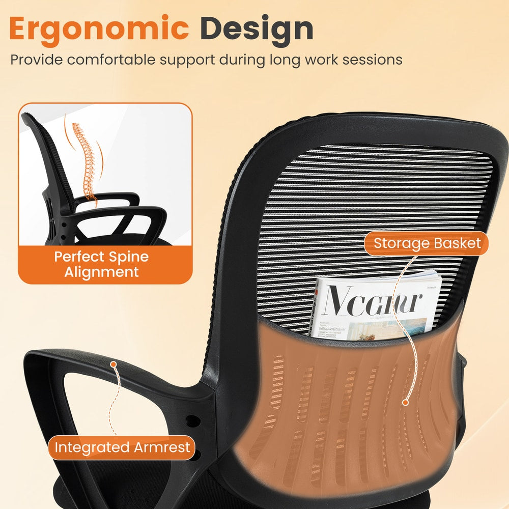 The office chairs highlighting the integrated armrest and back storage