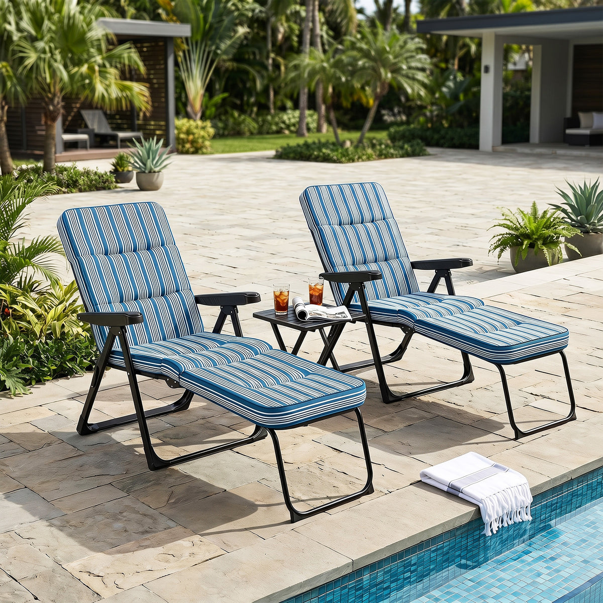 Reclining Relaxer Chair with Thick Padded Cushion for Patio-Blue