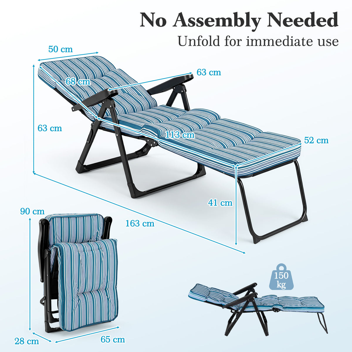 Reclining Relaxer Chair with Thick Padded Cushion for Patio-Blue