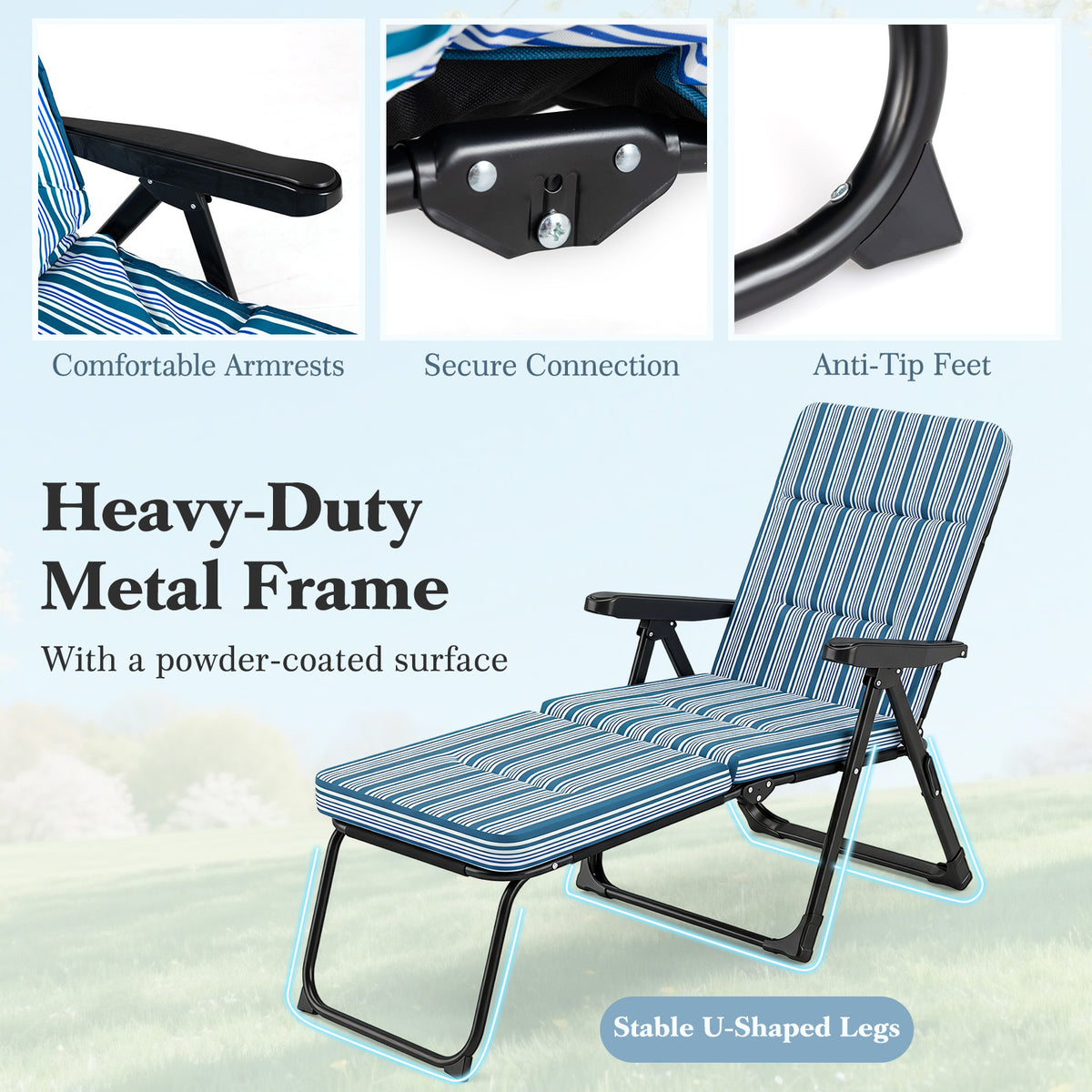 Reclining Relaxer Chair with Thick Padded Cushion for Patio-Blue