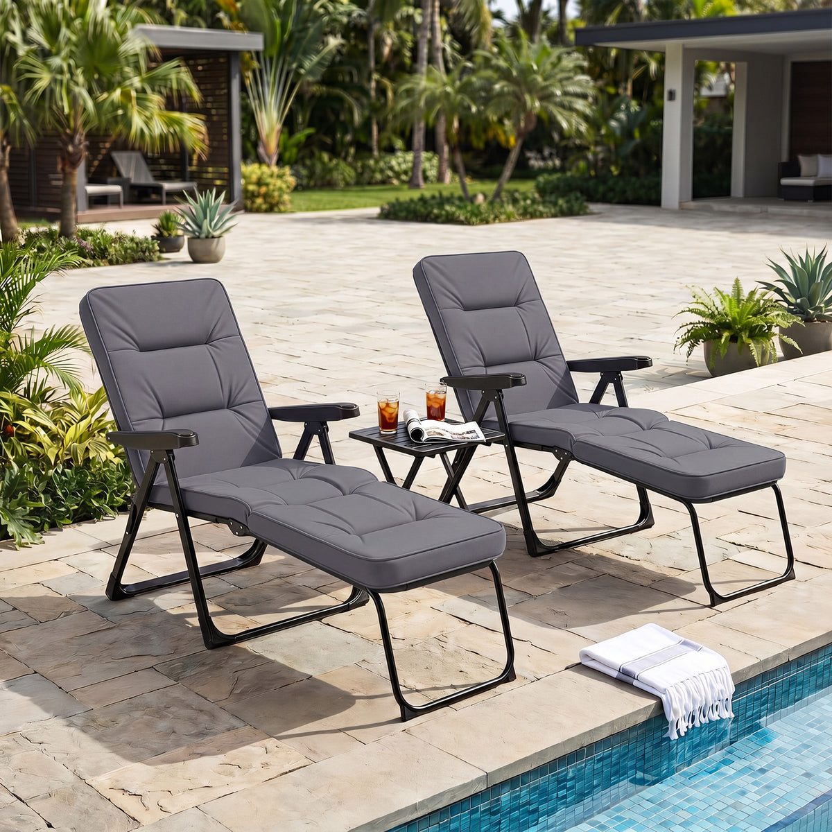 Reclining Relaxer Chair with Thick Padded Cushion for Patio-Grey