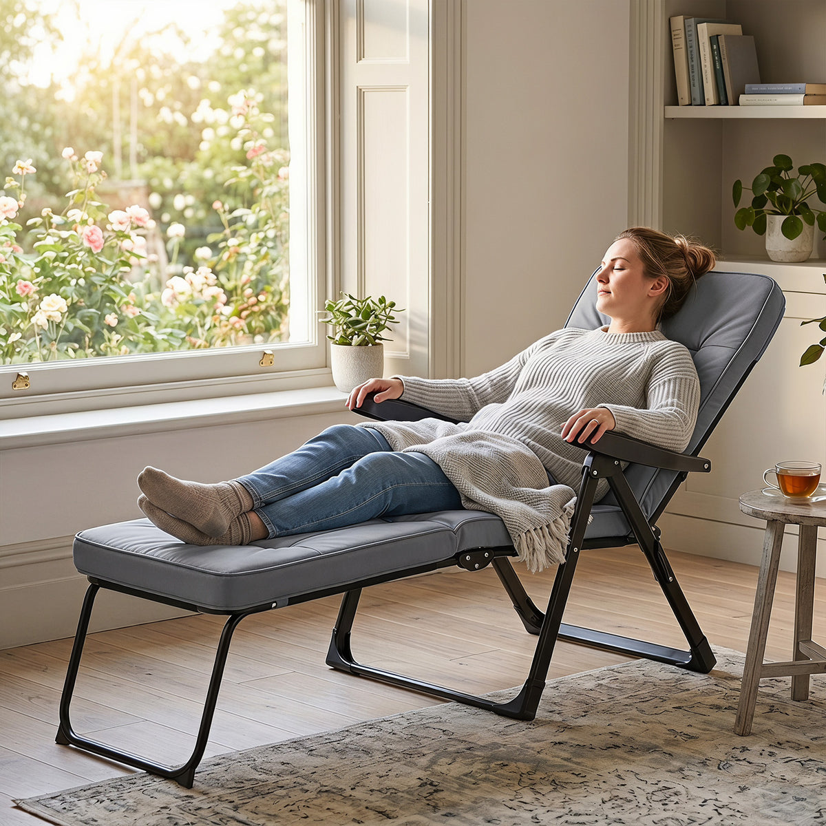 Reclining Relaxer Chair with Thick Padded Cushion for Patio-Grey