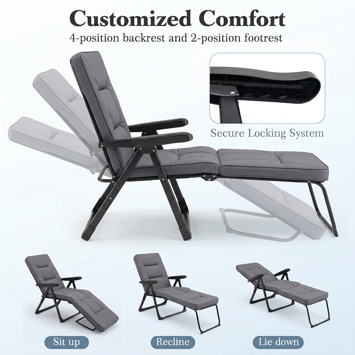 Reclining Relaxer Chair with Thick Padded Cushion for Patio-Grey